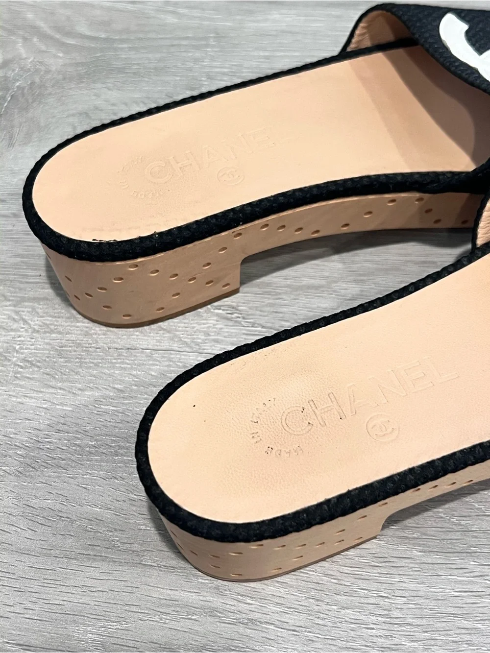 CHANEL Black Slide Mule with White CC Accent Wood Platform Clogs